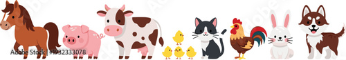 Cute Farm Animal Collection with Horse Pig Cow Chicken Cat Rabbit Dog and Chicks Cartoon Vector Illustration for Agriculture and Kids Design