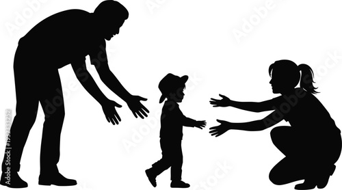 Father and mother playing with toddler child silhouettes collection, family love and early childhood development concept