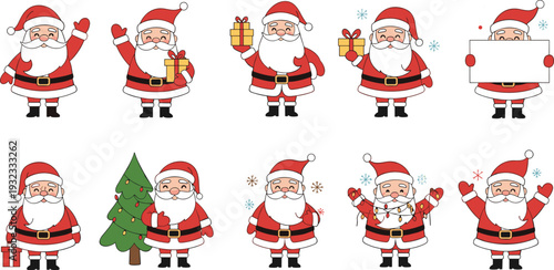 Cute Santa Claus Character Set with Christmas Tree Gifts and Holiday Gestures Cartoon Vector Illustration Collection for Festive Season Design