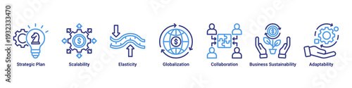 Strategic Growth web banner icon vector representing scalable planning,collaboration,adaptability,and sustainable global business growth