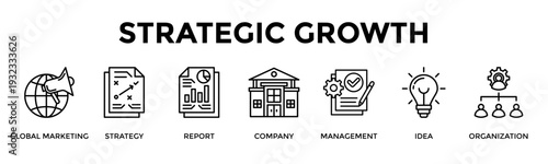 Strategic Growth Banner Web Icon Set Collection Pack Vector Illustration Concept For Global Marketing, Strategy, Report, Company, Management, Idea, Organization