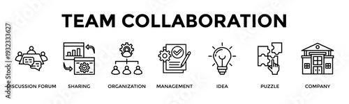 Team Collaboration Banner Web Icon Set Collection Pack Vector Illustration Concept For Discussion Forum, Sharing, Organization, Management, Idea, Puzzle, Company
