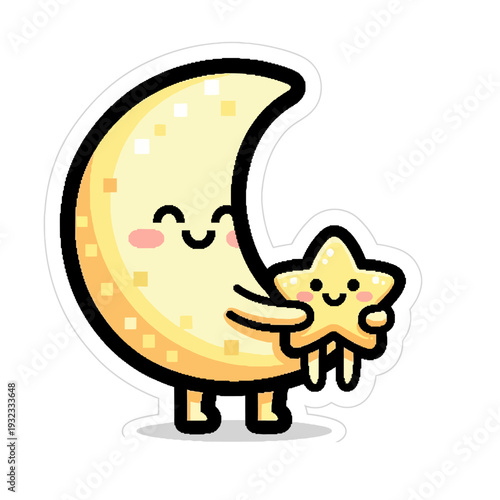 Cute cartoon moon and star embracing each other with a happy expression on their faces, symbolizing friendship and celestial companionship