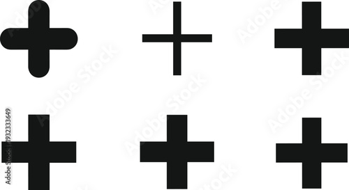 Plus icon set, cross symbol collection rounded and solid shapes vector illustration isolated on white background