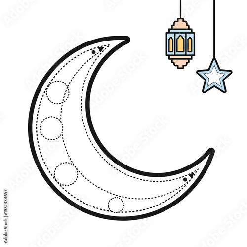 Dotted crescent moon with Ramadan lantern and star decoration, ideal for Eid al-Fitr celebrations and Islamic holiday designs