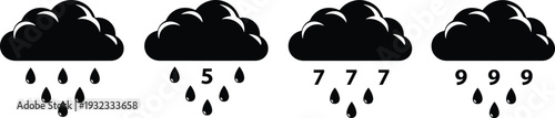 Rain intensity icon set, cloud with raindrops and rainfall levels 5 7 9 isolated on white background