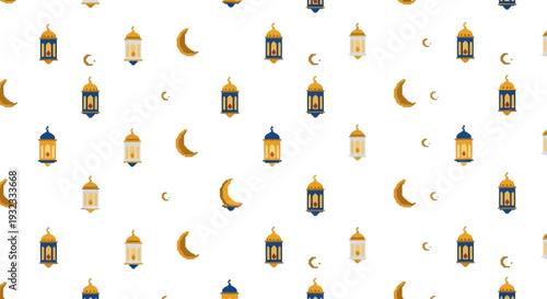 Islamic New Year Celebration Background with Traditional Lanterns and Crescent Moons