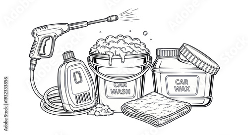 Car Wash Supplies: Pressure Washer, Bucket, Soap, Wax, Sponge - Hand Drawn Illustration