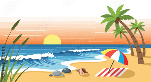 A beach scene shows the ocean with a sunset, palm trees, and an umbrella