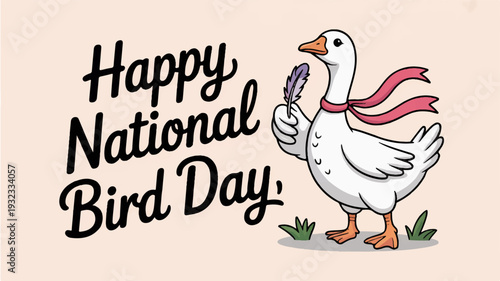 Happy national bird day celebration with white goose wearing red scarf on beige background