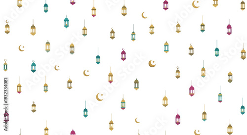 Vibrant and festive seamless pattern with traditional Islamic lanterns and golden crescent moons, perfect for Ramadan, Eid al-Fitr, or cultural celebration backgrounds and decorations