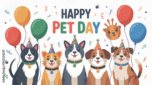 Happy pet day celebration with animals wearing party hats and colorful balloons