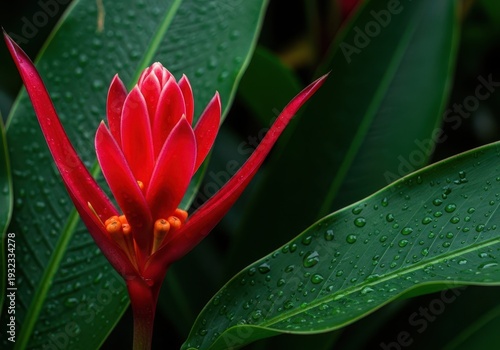 Close-up of a brilliant scarlet tropical bloom nestled among deep emerald leaves, showing the dense biodiversity of the humid rain forest environment, dense, biodiversity, red