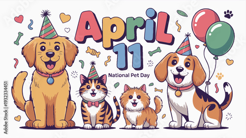 Happy national pet day april 11 cartoon animals dogs cats celebration