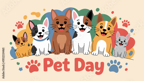Colorful cartoon pets celebrate pet day with paw prints and playful friends together