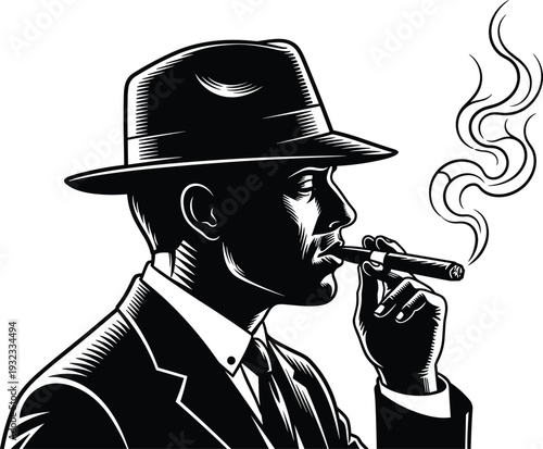Vintage gangster smoking cigar illustration, retro mafia man in hat noir style vector black design