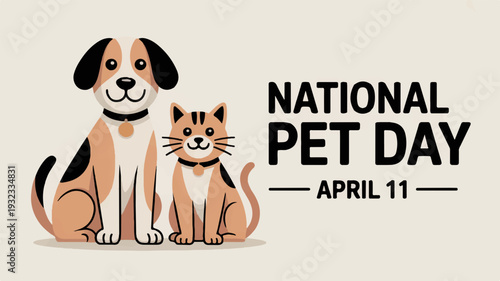 National pet day illustration with dog and cat on beige background