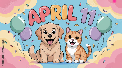 Happy cartoon dog and cat sitting together with colorful balloons on birthday celebration