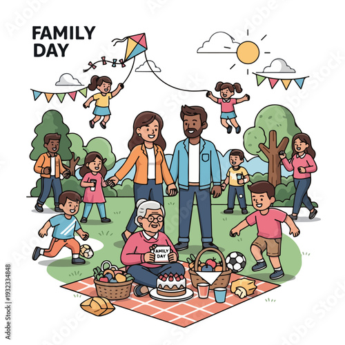A cartoon depicting a family picnic with adults and children playing