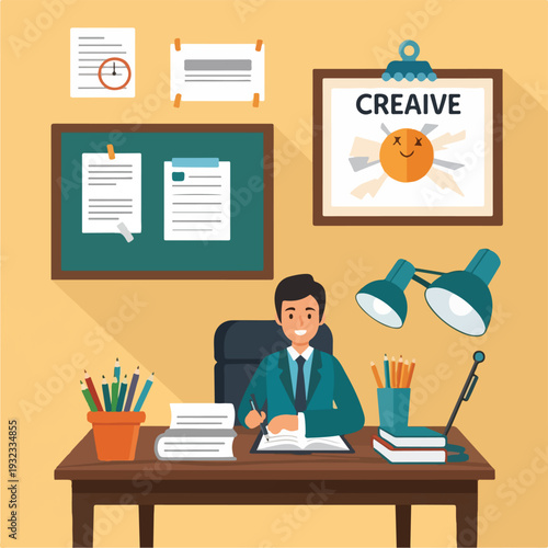 A cartoon depicting a man at a desk, surrounded by office supplies