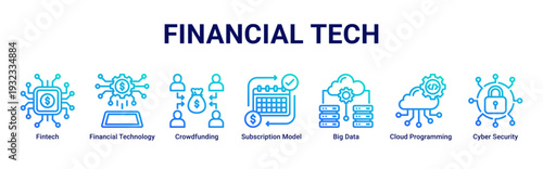 Financial Tech web banner icon vector highlighting digital finance,data-driven systems,cloud solutions,and secure financial innovation
