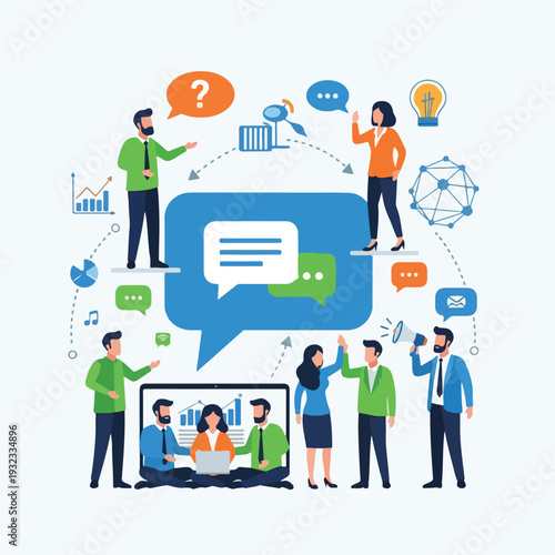 A cartoon depicting people involved in business and communication activities