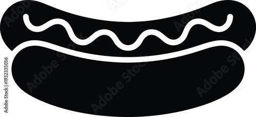 Hot dog silhouette icon, black vector illustration of a classic sausage in a bun with mustard isolated on white background