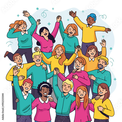 A cartoon depiction of diverse people celebrating, arms raised, smiling