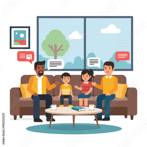 A cartoon family gathers in a living room and communicates