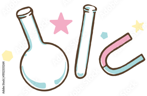 理科実験で使うフラスコと試験管、磁石のイラスト