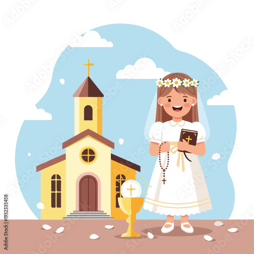 A cartoon girl in a white dress, holding a bible, by a church
