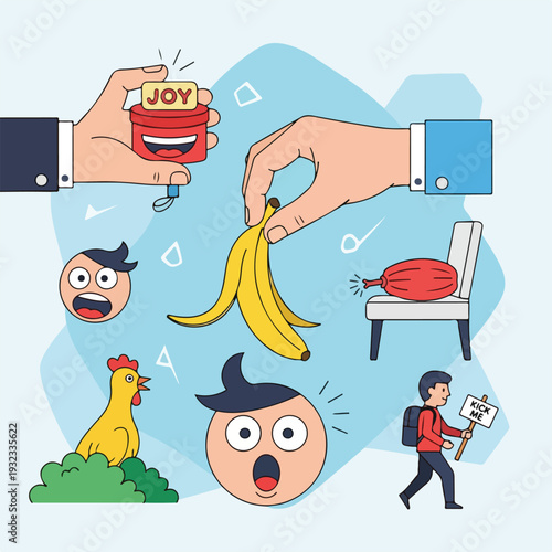 A cartoon illustration, featuring various humorous or comedic elements