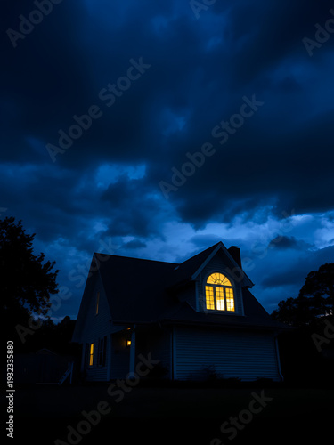 Ominous house with illuminated window under stormy sky at twilight.