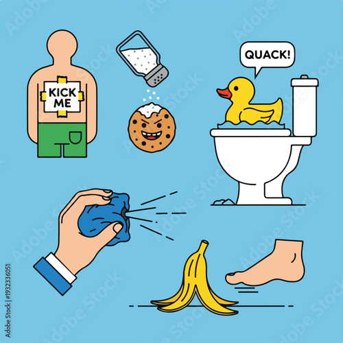 A cartoon image depicting a series of random, comical, and absurd situations