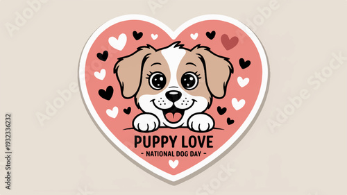 Cute puppy dog face in heart shape with valentine's day theme and text