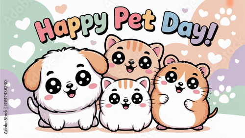 Cute cartoon animals celebrate pet day with dog cat hamster and guinea pig friends together