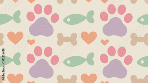 Colorful pet pattern with paw prints bones fish and hearts on cream background
