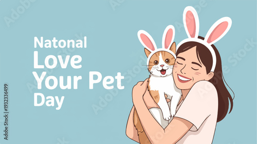Woman in bunny ears hugs adorable dog on national love your pet day with pastel background