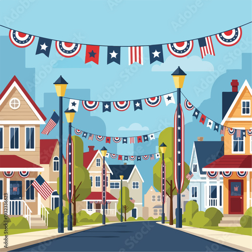 A cartoon neighborhood, festooned with bunting and American flags