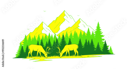 Deer grazing in a vibrant forest landscape with green trees and yellow mountains