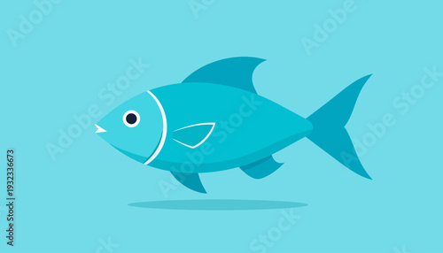 A simple, flat design illustration of a blue fish swimming against a light blue background, depicting aquatic life in a minimalist style.
