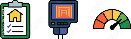 Home inspection checklist, thermal camera scanner, and performance gauge icons representing property evaluation, energy efficiency testing, building diagnostics, and quality assessment tools for smart