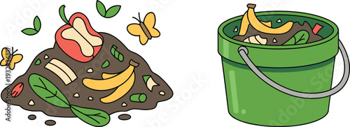 Organic composting illustration showing food scraps and biodegradable waste in bucket, promoting recycling, sustainable living, eco friendly waste management, soil enrichment