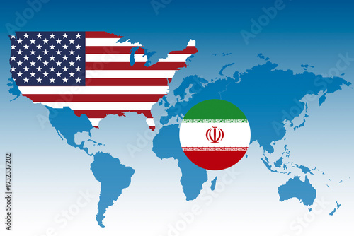 USA America and Iran flag on world map.