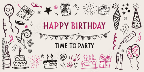 Hand drawn birthday elements and celebratory text on a beige background