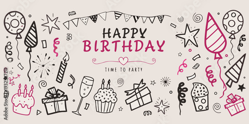 Hand drawn birthday illustration with balloons cake and festive elements