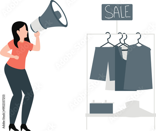 The girl is marketing clothes for sale.