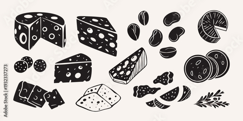Black and white illustration of cheese salami and citrus fruit pieces