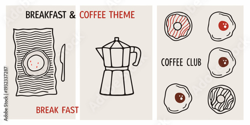 Breakfast and coffee themed illustration with eggs coffee pot and toast