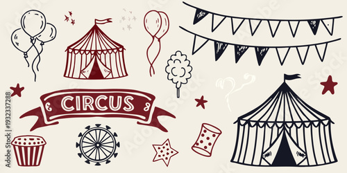 A whimsical collection of hand drawn circus elements and decorations
